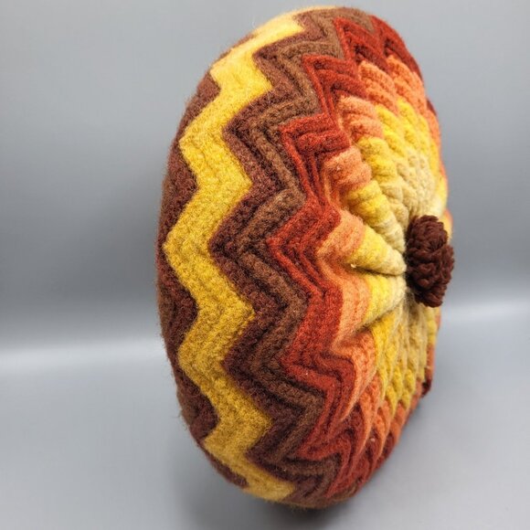 Vtg Crochet Round Granny Throw Pillow Rusty Orange Brown Yarn Ruffled Handmade - Picture 3 of 10